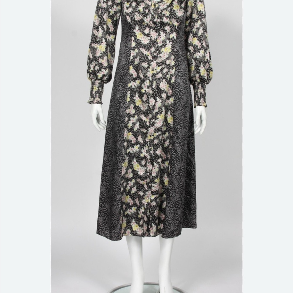 Boutique Black Floral Midi Dress Long Sleeve V Neck Lined